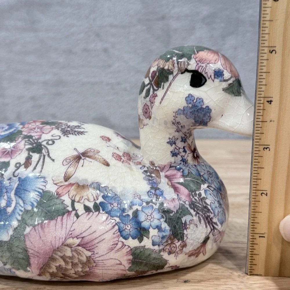 Vintage Floral Chintz Duck‎ Figurine Decoupage Mallard Decoy Blue Pink Botanical